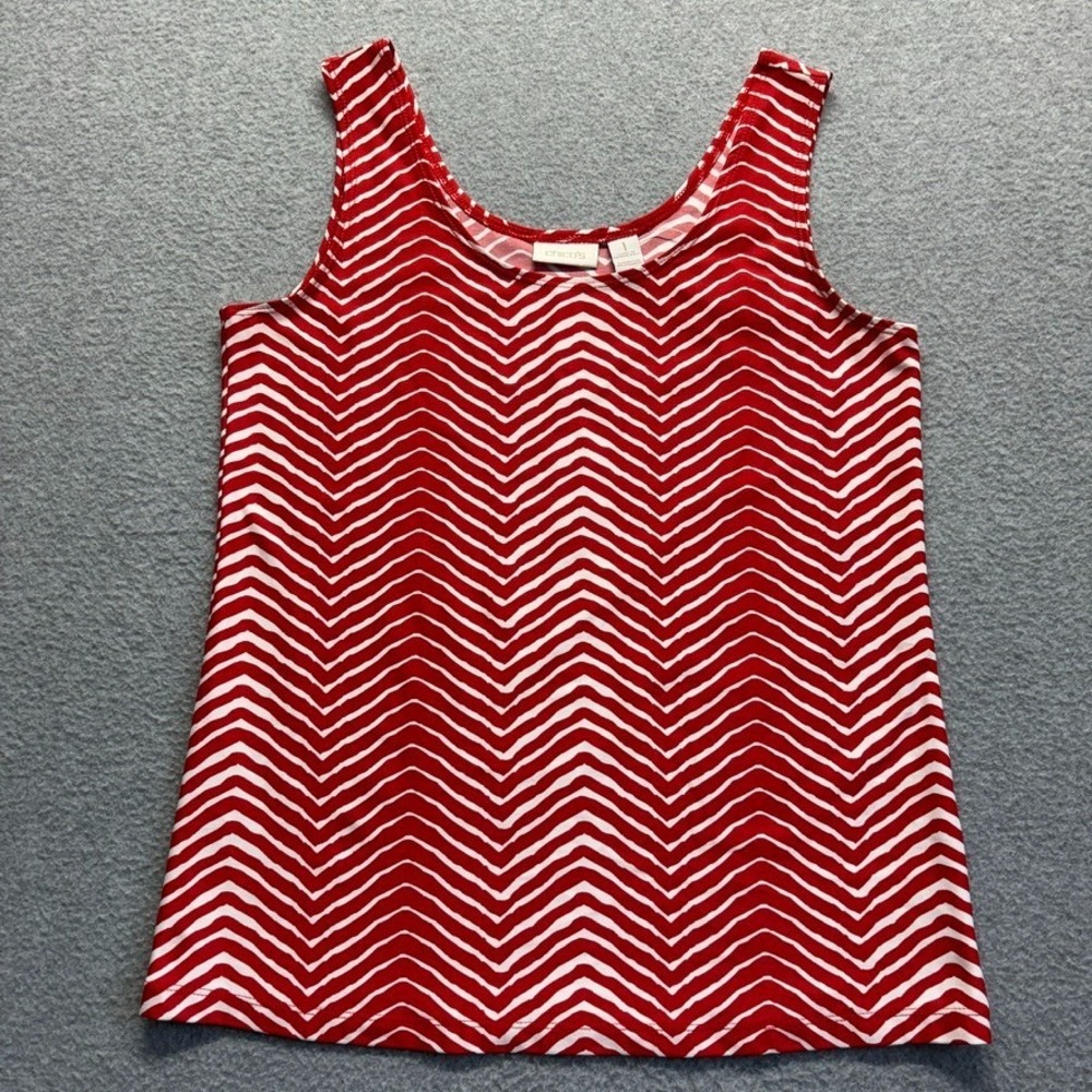 Chicos Tank Top Womens Medium Chico's 1 Red Ziz Zag Chevron Strip Sleeveless New
